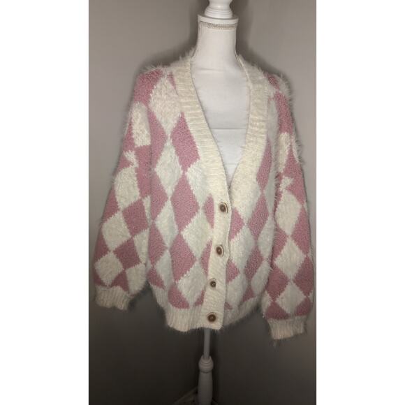 Pol fuzzy pink preppy Y2k argyle sweater lg - Picture 2 of 8